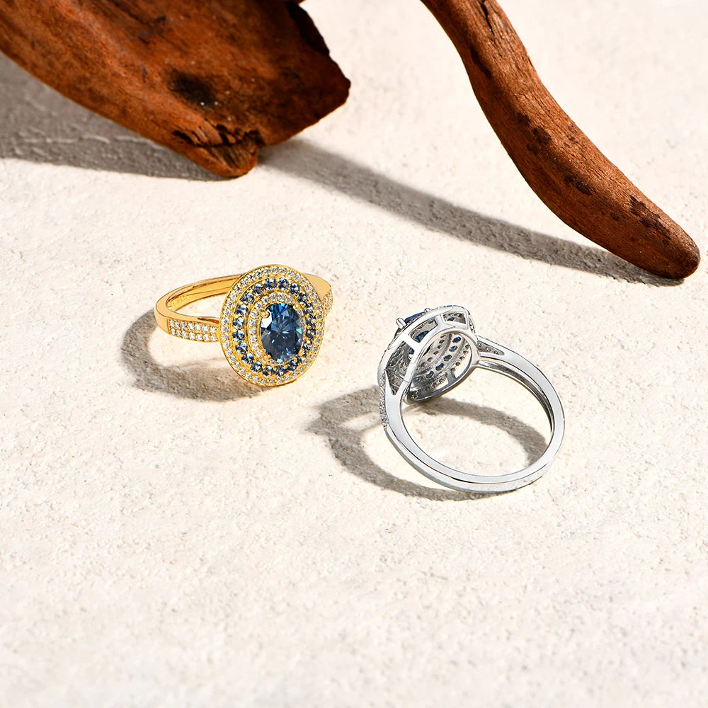 Blue Moissanite Oval Cut Ring