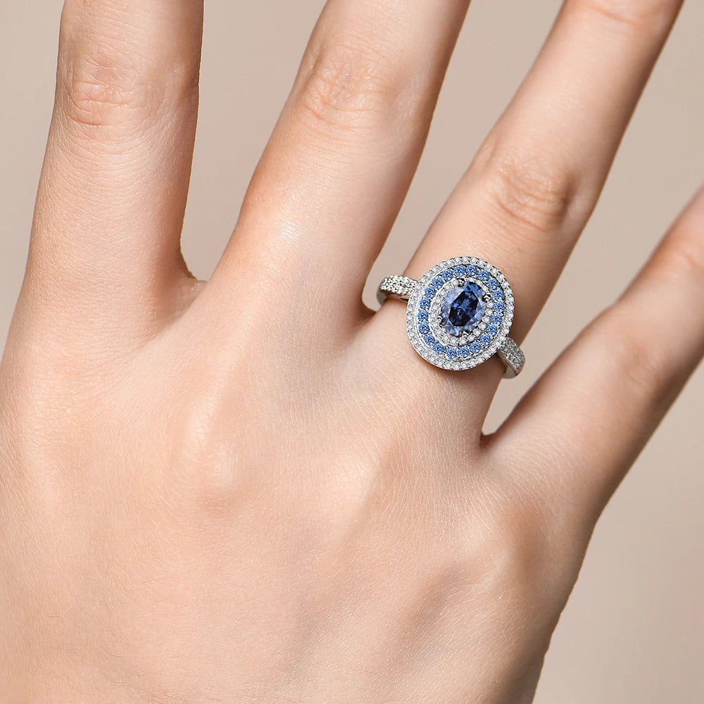 Blue Moissanite Oval Cut Ring