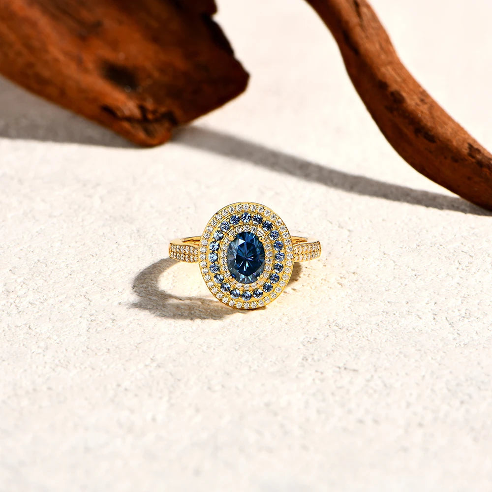 Blue Moissanite Oval Cut Ring