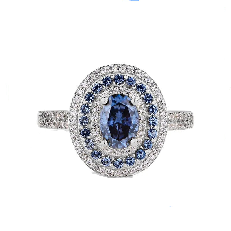 Blue Moissanite Oval Cut Ring